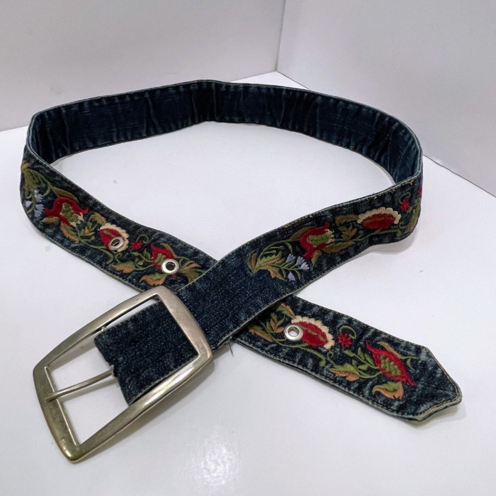 Vintage Judy's Fashion Denim Floral Embroidered Boho Bohemian Hippie Belt Sz: 13 - Picture 8 of 8